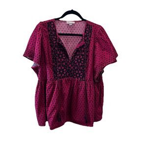 Knox Rose Pink Black Embroidered Popover Peasant Top Tassels Boho Cottage Sz XL
